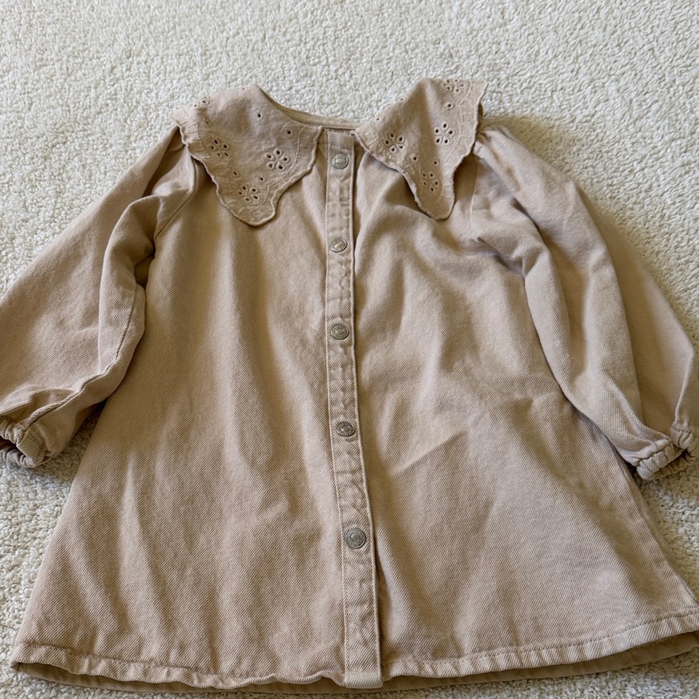 Tan Button-Up Dress with Eyelet Collar
